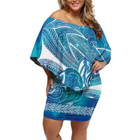 Kuri Dog Waka New Zealand Matariki Family Matching Off Shoulder Short Dress and Hawaiian Shirt Ocean Sharks Maori Tattoo LT14 Mom's Dress Blue - Polynesian Pride
