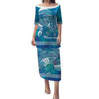 Kuri Dog Waka New Zealand Matariki Family Matching Puletasi and Hawaiian Shirt Ocean Sharks Maori Tattoo LT14 Mom's Dress Blue - Polynesian Pride