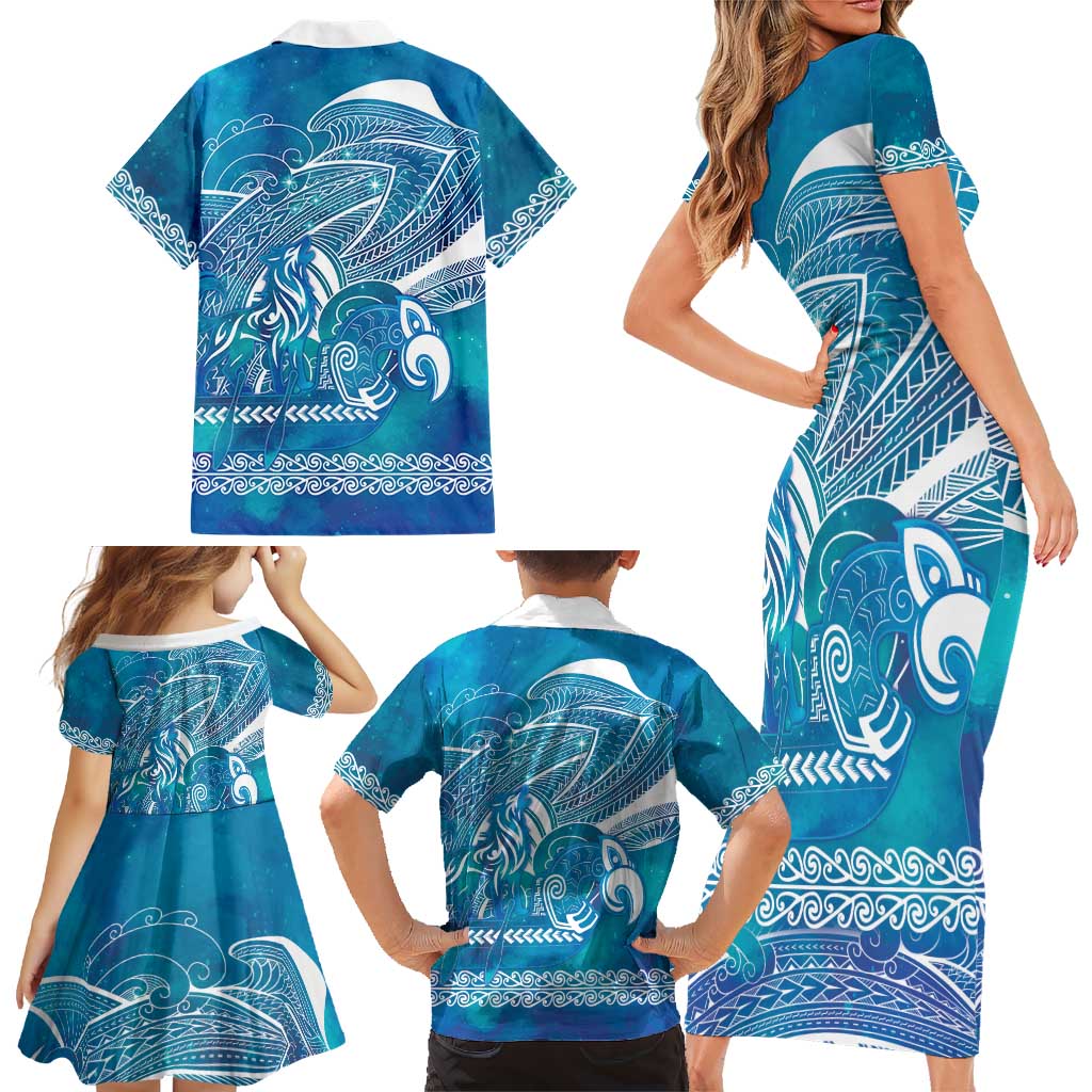 Kuri Dog Waka New Zealand Matariki Family Matching Short Sleeve Bodycon Dress and Hawaiian Shirt Ocean Sharks Maori Tattoo LT14 - Polynesian Pride