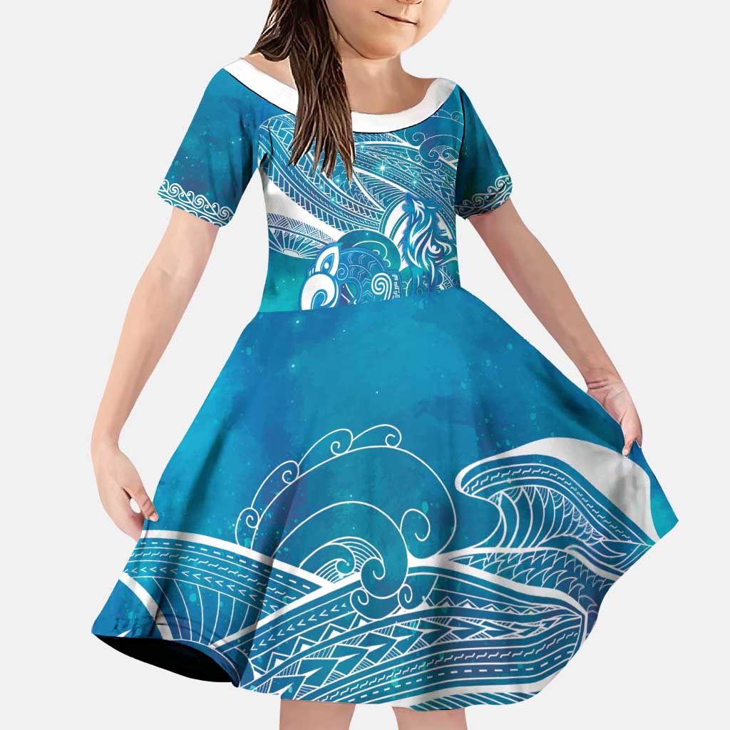 Kuri Dog Waka New Zealand Matariki Family Matching Summer Maxi Dress and Hawaiian Shirt Ocean Sharks Maori Tattoo LT14 Daughter's Dress Blue - Polynesian Pride