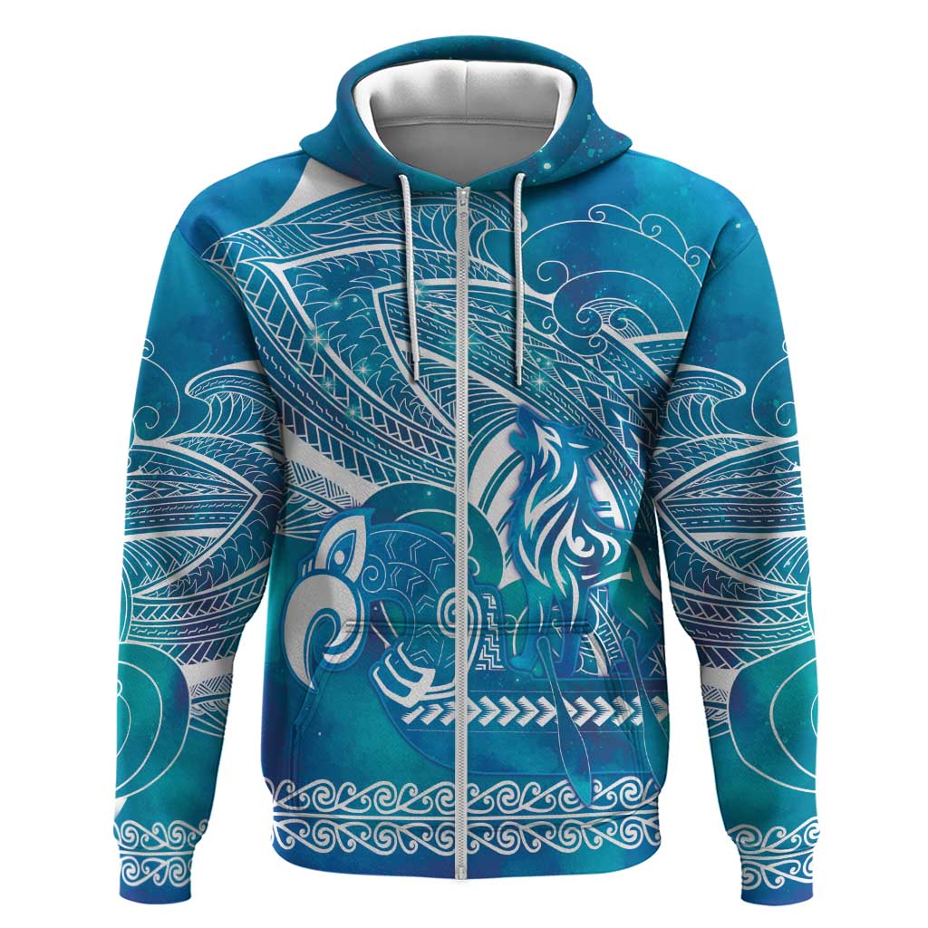 Kuri Dog Waka New Zealand Matariki Hoodie Ocean Sharks Maori Tattoo LT14 Zip Hoodie Blue - Polynesian Pride