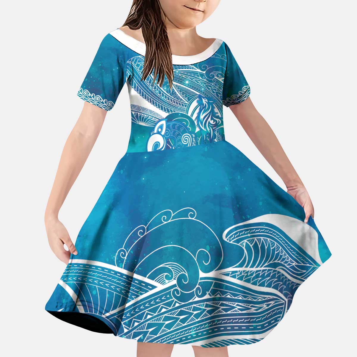 Kuri Dog Waka New Zealand Matariki Kid Short Sleeve Dress Ocean Sharks Maori Tattoo LT14 KID Blue - Polynesian Pride