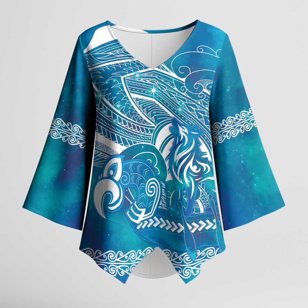 Kuri Dog Waka New Zealand Matariki Kimono Sleeve Blouse Ocean Sharks Maori Tattoo LT14 Female Blue - Polynesian Pride