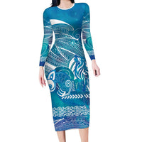 Kuri Dog Waka New Zealand Matariki Long Sleeve Bodycon Dress Ocean Sharks Maori Tattoo LT14 Long Dress Blue - Polynesian Pride