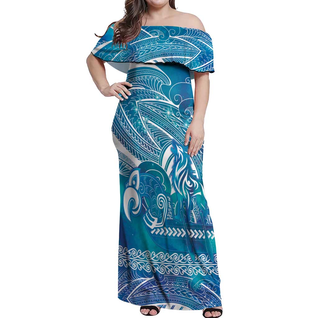 Kuri Dog Waka New Zealand Matariki Off Shoulder Maxi Dress Ocean Sharks Maori Tattoo LT14 Women Blue - Polynesian Pride