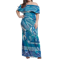 Kuri Dog Waka New Zealand Matariki Off Shoulder Maxi Dress Ocean Sharks Maori Tattoo LT14 Women Blue - Polynesian Pride
