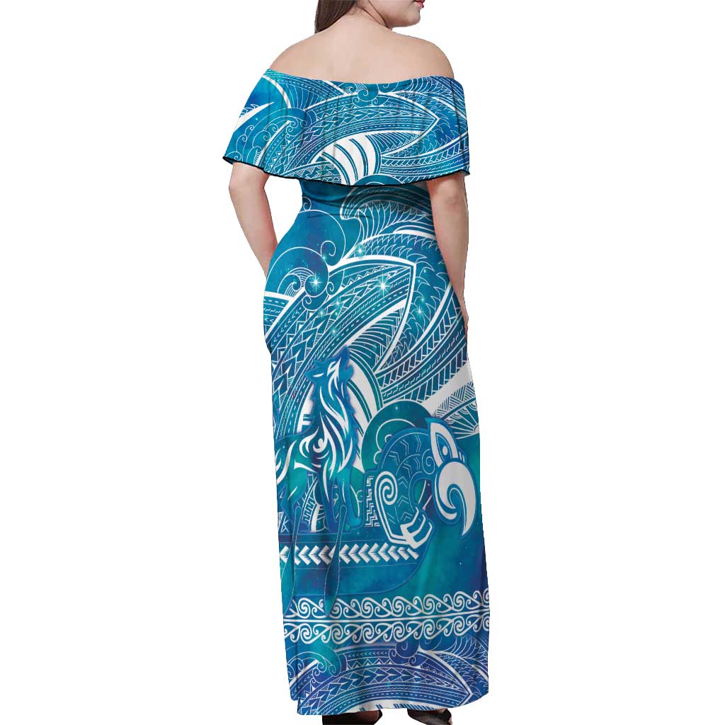 Kuri Dog Waka New Zealand Matariki Off Shoulder Maxi Dress Ocean Sharks Maori Tattoo LT14 - Polynesian Pride