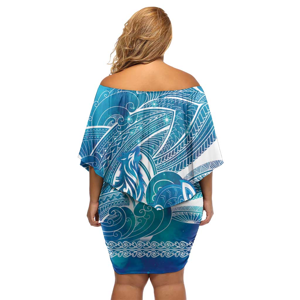 Kuri Dog Waka New Zealand Matariki Off Shoulder Short Dress Ocean Sharks Maori Tattoo LT14 - Polynesian Pride