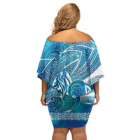 Kuri Dog Waka New Zealand Matariki Off Shoulder Short Dress Ocean Sharks Maori Tattoo LT14 - Polynesian Pride