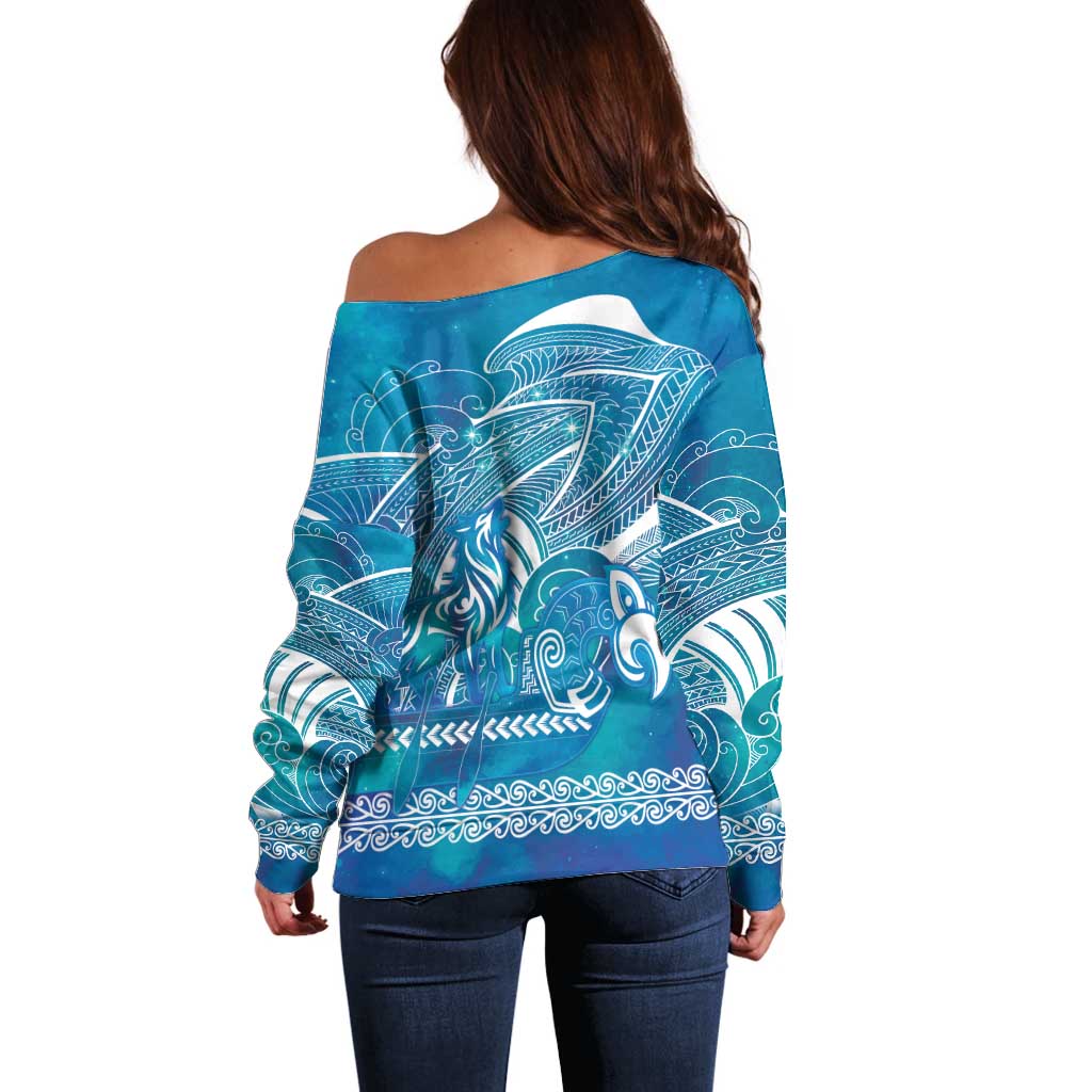 Kuri Dog Waka New Zealand Matariki Off Shoulder Sweater Ocean Sharks Maori Tattoo LT14 - Polynesian Pride