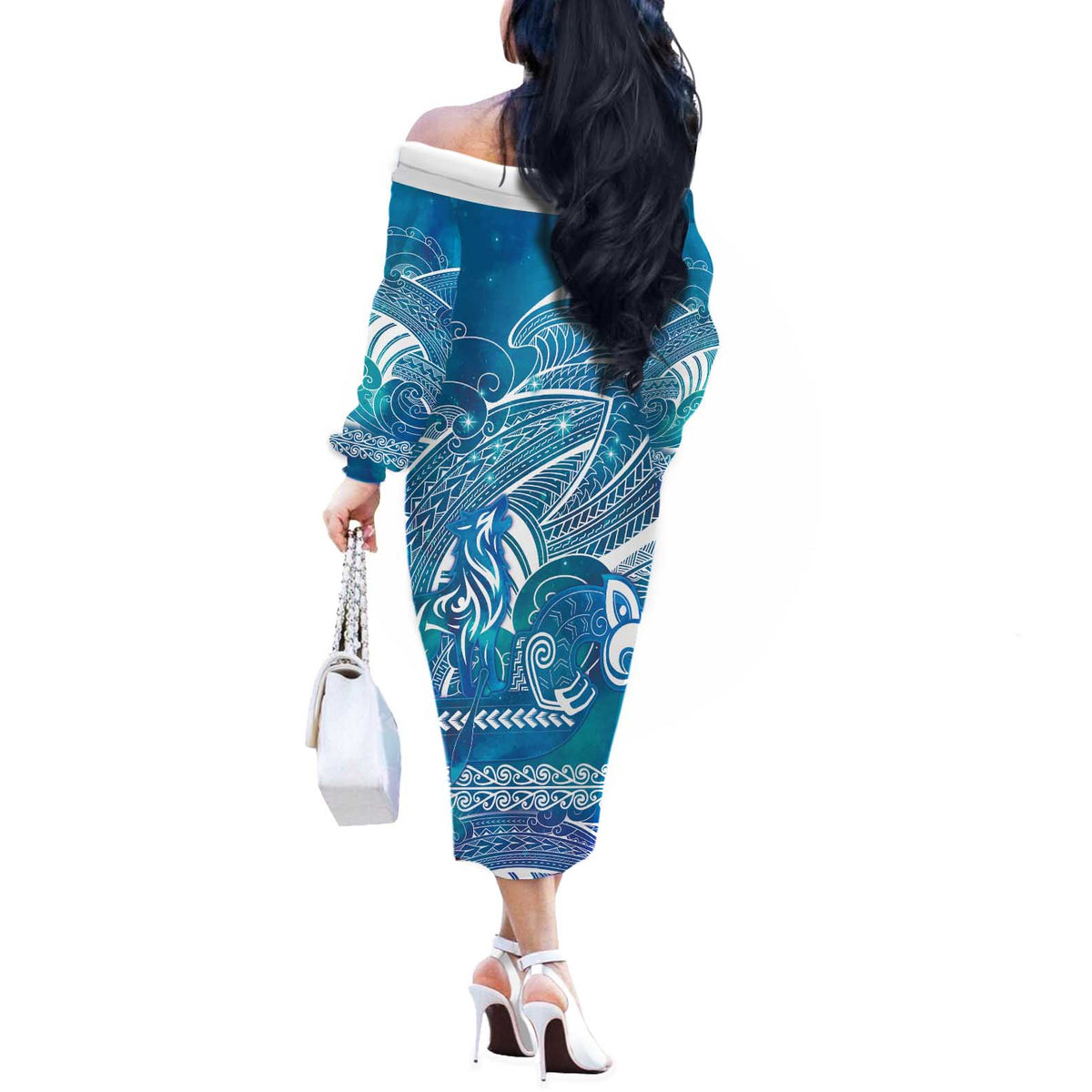 Kuri Dog Waka New Zealand Matariki Off The Shoulder Long Sleeve Dress Ocean Sharks Maori Tattoo LT14 - Polynesian Pride