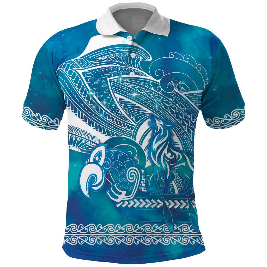 Kuri Dog Waka New Zealand Matariki Polo Shirt Ocean Sharks Maori Tattoo LT14 Blue - Polynesian Pride