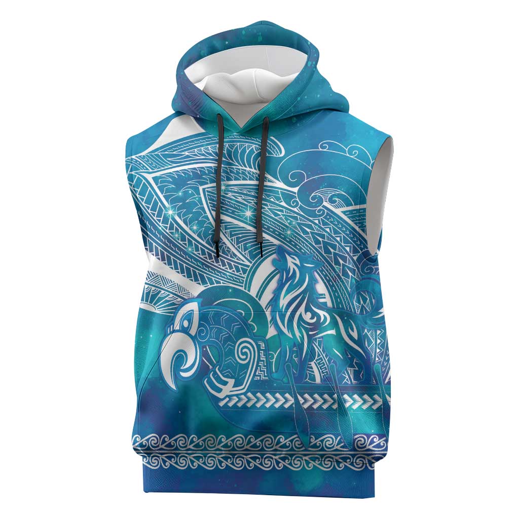 Kuri Dog Waka New Zealand Matariki Sleeveless Hoodie Ocean Sharks Maori Tattoo LT14 Blue - Polynesian Pride