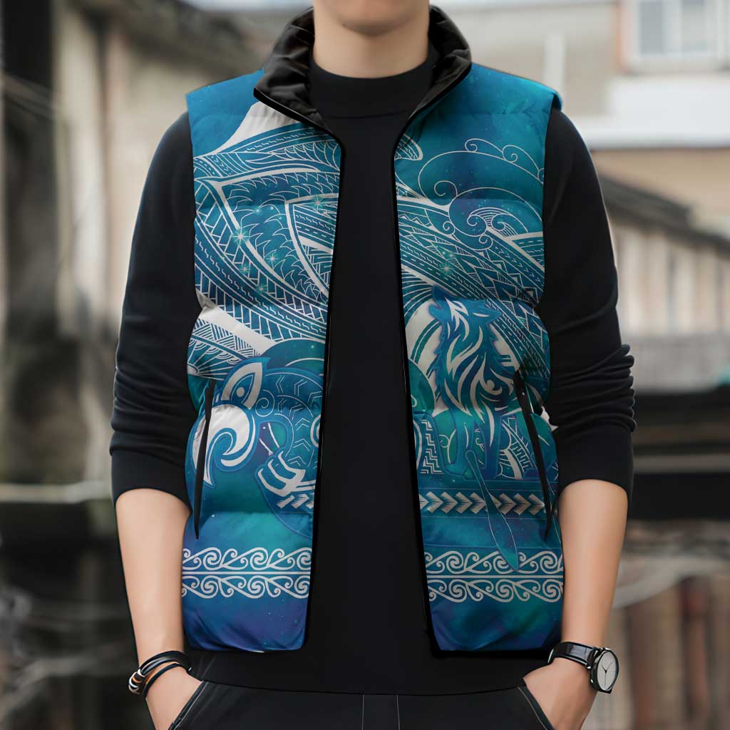 Kuri Dog Waka New Zealand Matariki Sleeveless Puffer Jacket Ocean Sharks Maori Tattoo