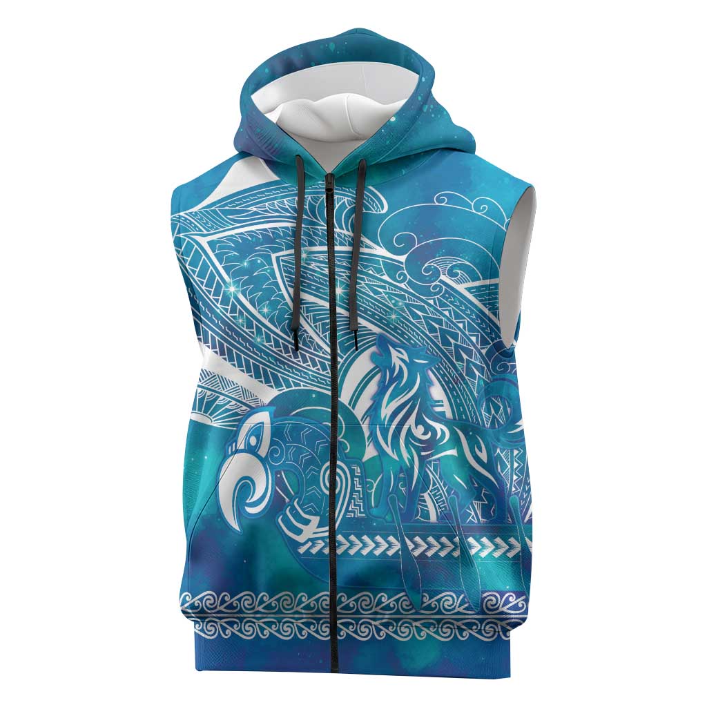 Kuri Dog Waka New Zealand Matariki Sleeveless Zip Hoodie Ocean Sharks Maori Tattoo