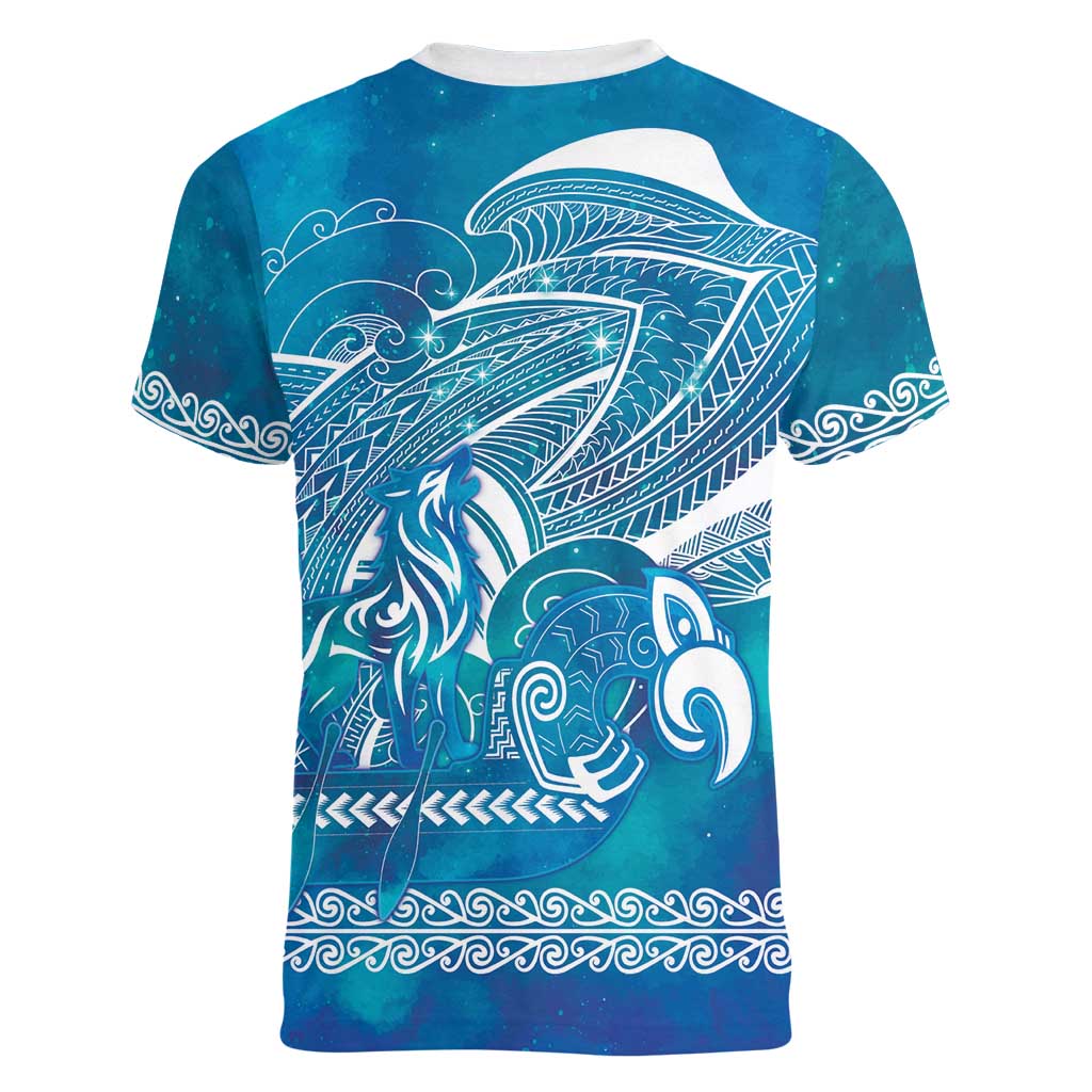 Kuri Dog Waka New Zealand Matariki Women V-Neck T-Shirt Ocean Sharks Maori Tattoo LT14 - Polynesian Pride
