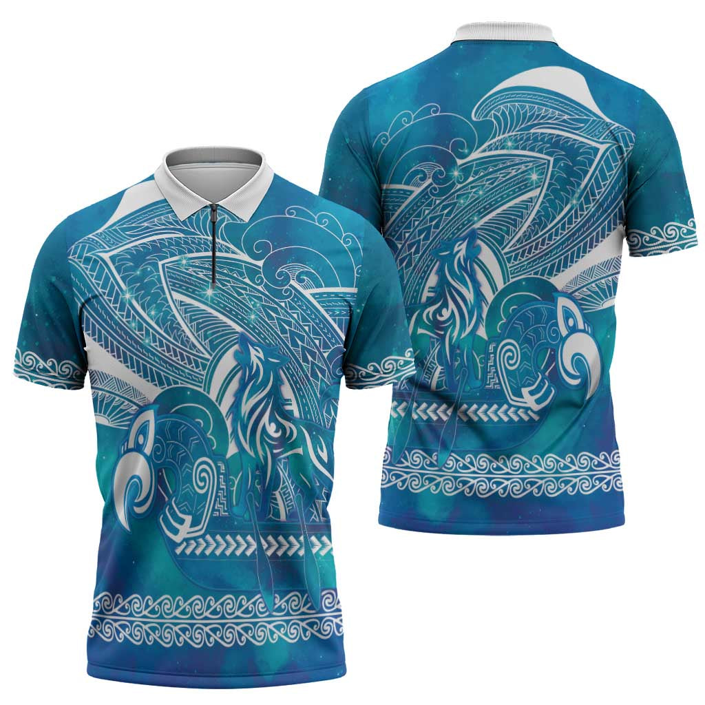 Kuri Dog Waka New Zealand Matariki Zipper Polo Shirt Ocean Sharks Maori Tattoo LT14 - Polynesian Pride