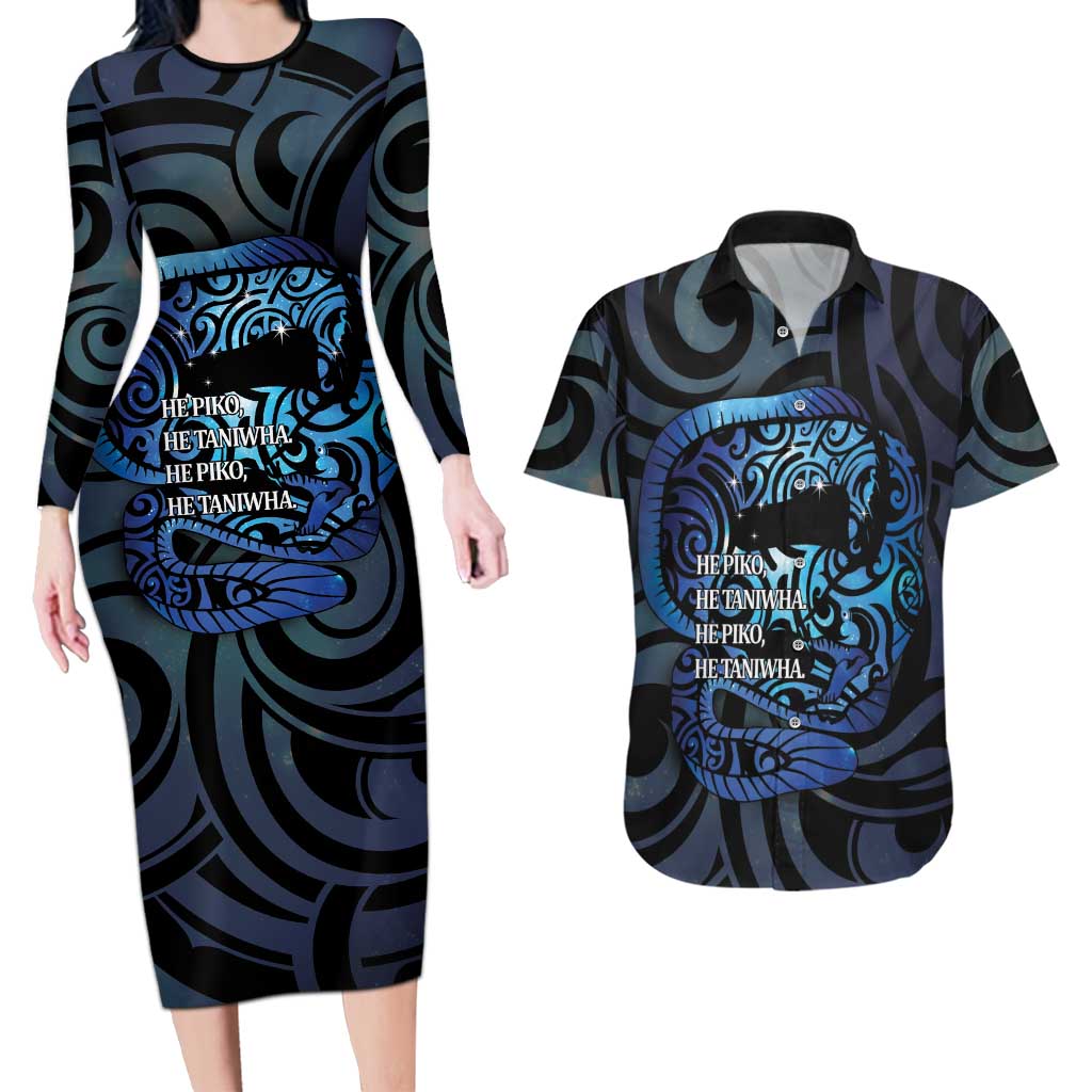 Tuna Eel New Zealand Matariki Couples Matching Long Sleeve Bodycon Dress and Hawaiian Shirt He Piko He Taniwha Maori Pattern LT14 Purple - Polynesian Pride