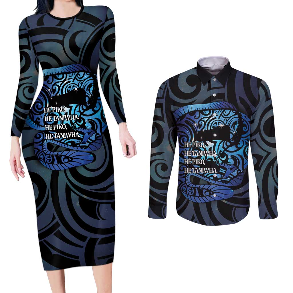 Tuna Eel New Zealand Matariki Couples Matching Long Sleeve Bodycon Dress and Long Sleeve Button Shirt He Piko He Taniwha Maori Pattern