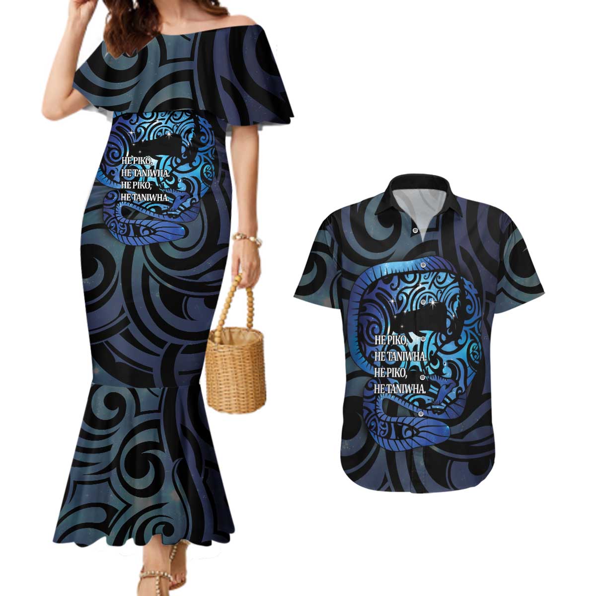 Tuna Eel New Zealand Matariki Couples Matching Mermaid Dress and Hawaiian Shirt He Piko He Taniwha Maori Pattern LT14 Purple - Polynesian Pride