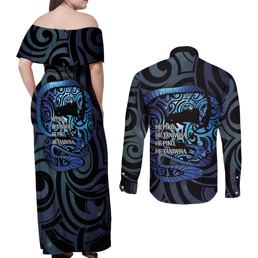 Tuna Eel New Zealand Matariki Couples Matching Off Shoulder Maxi Dress and Long Sleeve Button Shirt He Piko He Taniwha Maori Pattern