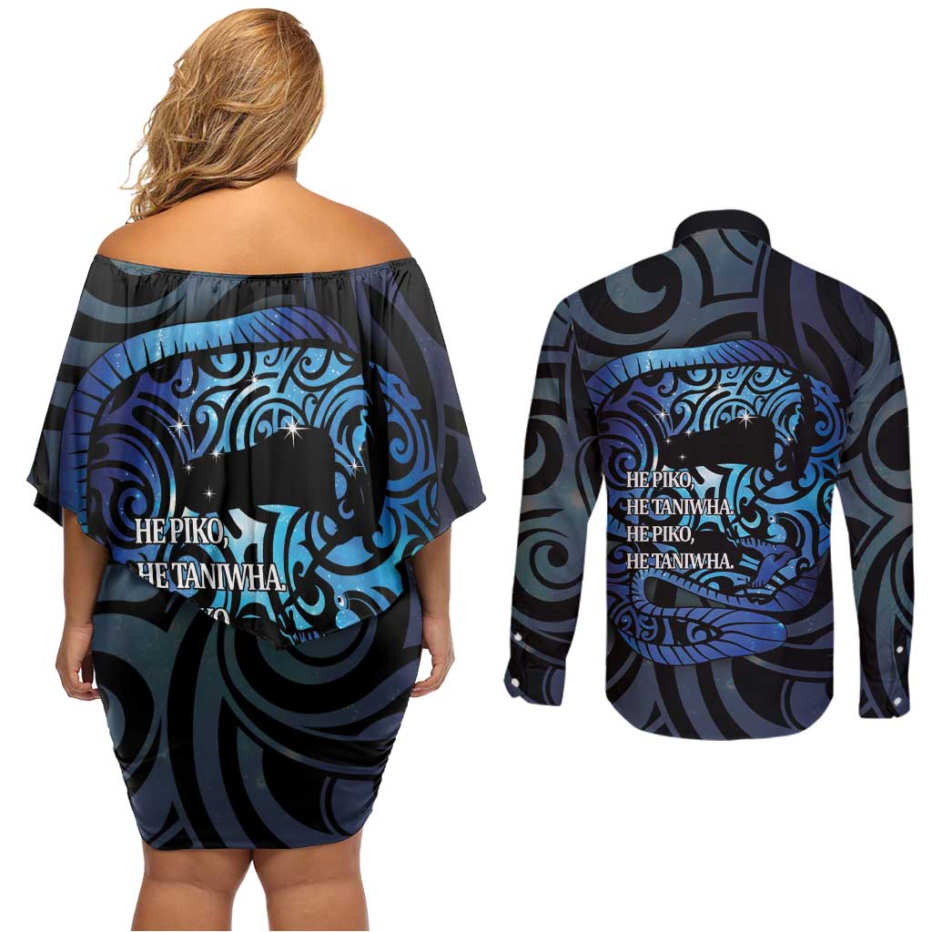 Tuna Eel New Zealand Matariki Couples Matching Off Shoulder Short Dress and Long Sleeve Button Shirt He Piko He Taniwha Maori Pattern