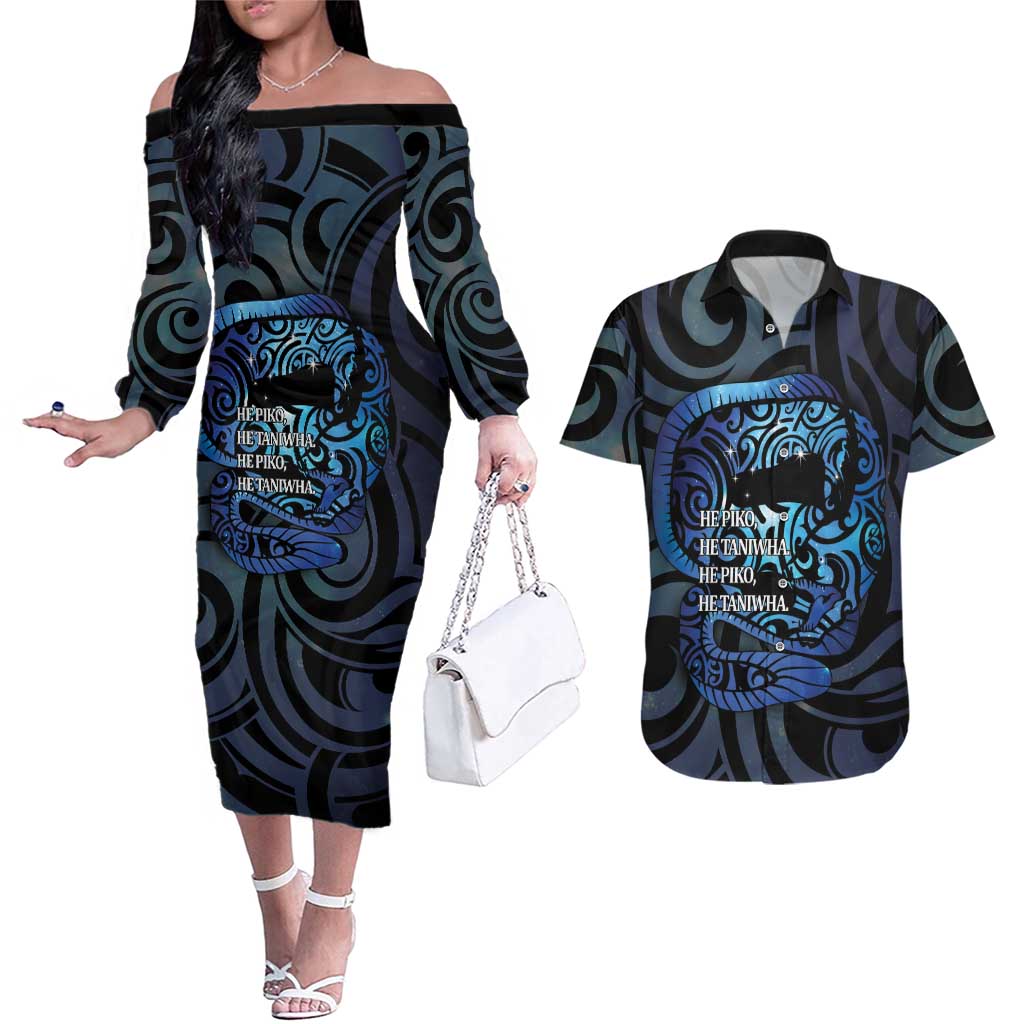 Tuna Eel New Zealand Matariki Couples Matching Off The Shoulder Long Sleeve Dress and Hawaiian Shirt He Piko He Taniwha Maori Pattern LT14 Purple - Polynesian Pride