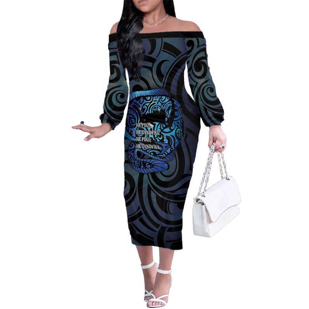 Tuna Eel New Zealand Matariki Family Matching Off The Shoulder Long Sleeve Dress and Hawaiian Shirt He Piko He Taniwha Maori Pattern LT14 Mom's Dress Purple - Polynesian Pride