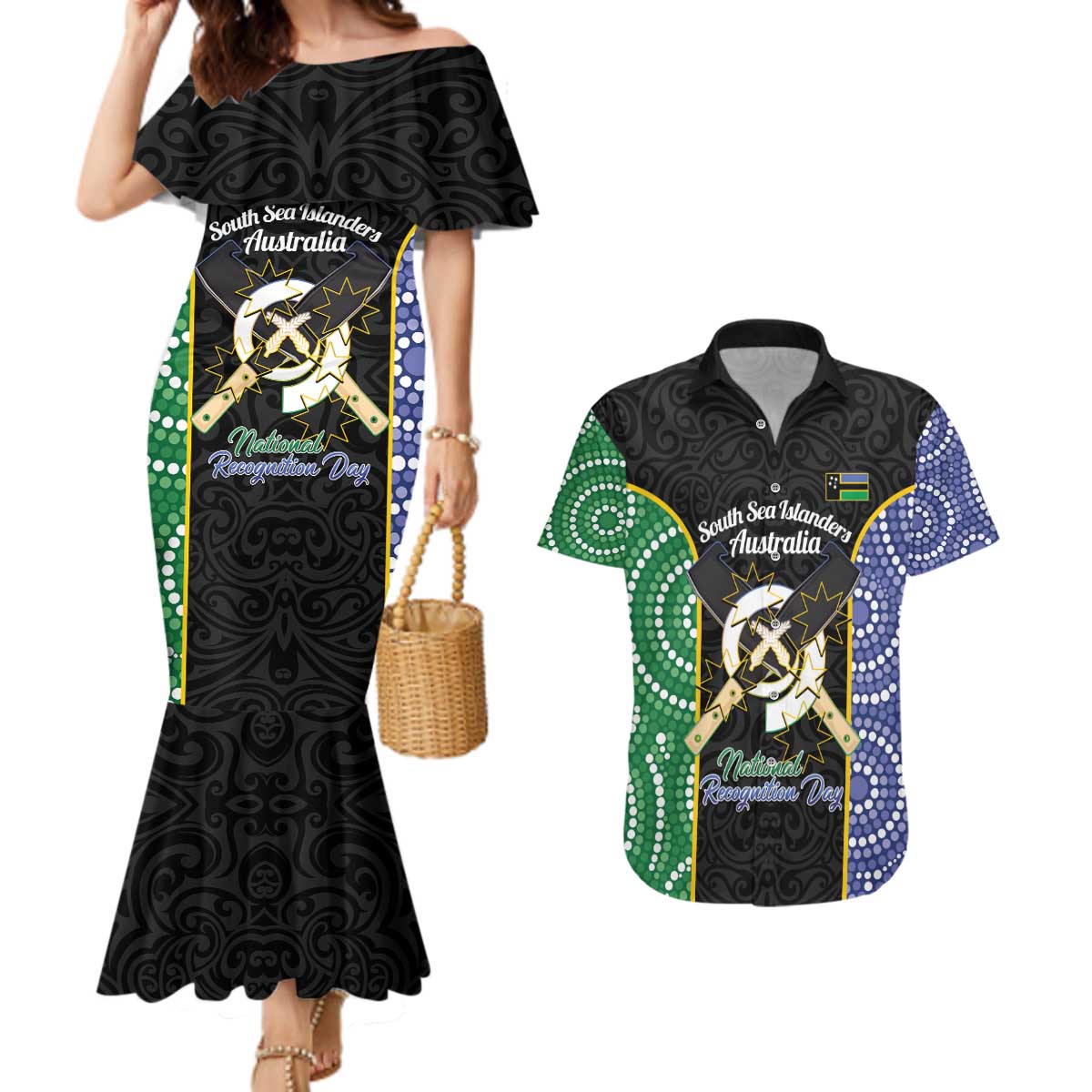 Personalised South Sea Islanders National Recognition Day Couples Matching Mermaid Dress and Hawaiian Shirt Australia Aboriginal Vanuatu Pig Tusk LT14 Black - Polynesian Pride