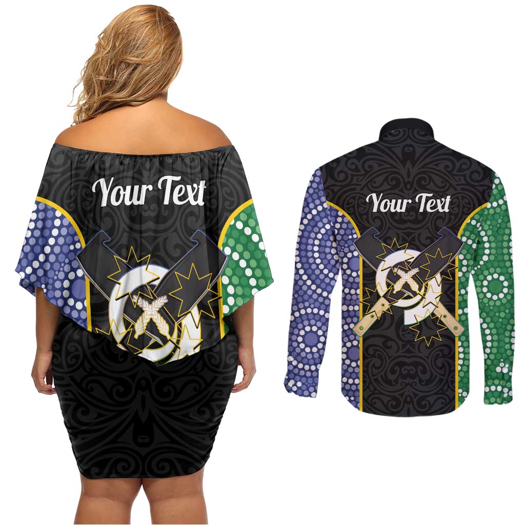 Personalised South Sea Islanders National Recognition Day Couples Matching Off Shoulder Short Dress and Long Sleeve Button Shirt Australia Aboriginal Vanuatu Pig Tusk