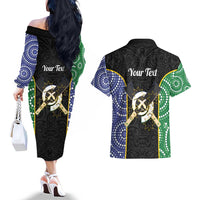 Personalised South Sea Islanders National Recognition Day Couples Matching Off The Shoulder Long Sleeve Dress and Hawaiian Shirt Australia Aboriginal Vanuatu Pig Tusk