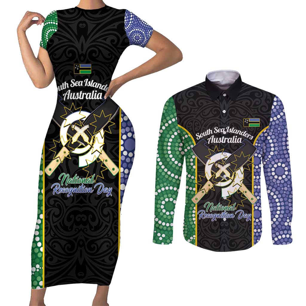 Personalised South Sea Islanders National Recognition Day Couples Matching Short Sleeve Bodycon Dress and Long Sleeve Button Shirt Australia Aboriginal Vanuatu Pig Tusk