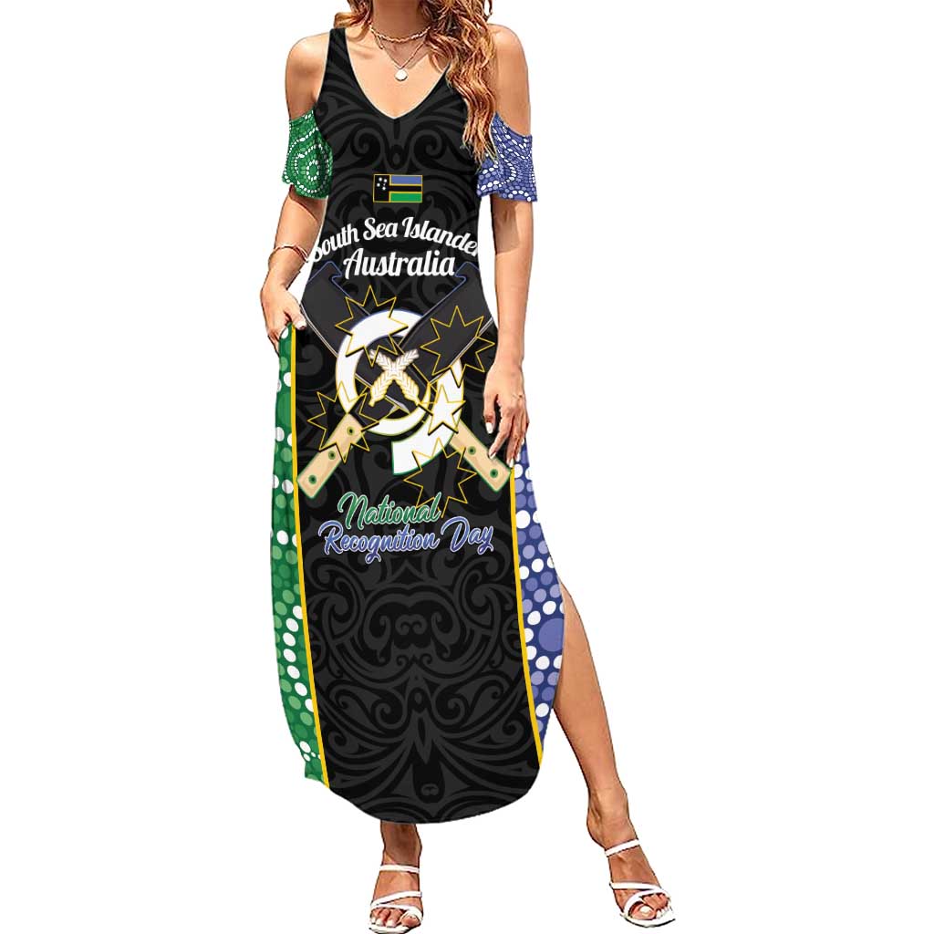 Personalised South Sea Islanders National Recognition Day Family Matching Summer Maxi Dress and Hawaiian Shirt Australia Aboriginal Vanuatu Pig Tusk LT14 Mom's Dress Black - Polynesian Pride