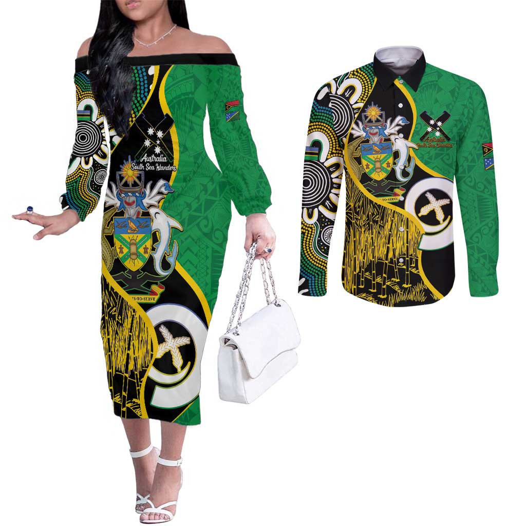 Australian South Sea Islanders National Recognition Day Couples Matching Off The Shoulder Long Sleeve Dress and Long Sleeve Button Shirt Solomon Islands And Vanuatu Culture
