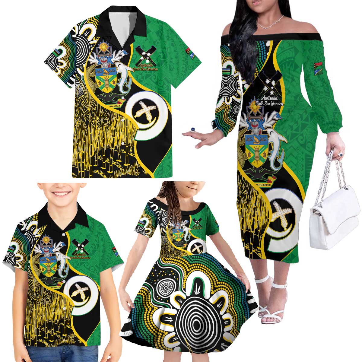 Australian South Sea Islanders National Recognition Day Family Matching Off The Shoulder Long Sleeve Dress and Hawaiian Shirt Solomon Islands And Vanuatu Culture