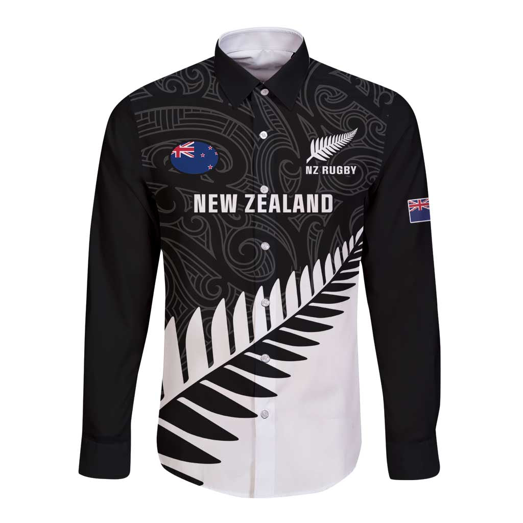Personalised New Zealand Silver Fern Rugby Long Sleeve Button Shirt All Black Go Champions Maori Pattern LT14