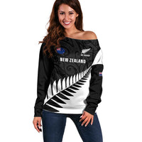 Personalised New Zealand Silver Fern Rugby Off Shoulder Sweater All Black Go Champions Maori Pattern LT14