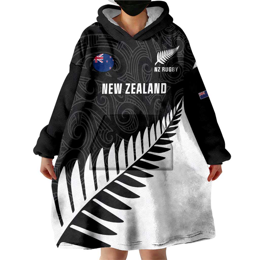 Personalised New Zealand Silver Fern Rugby Wearable Blanket Hoodie All Black Go Champions Maori Pattern LT14