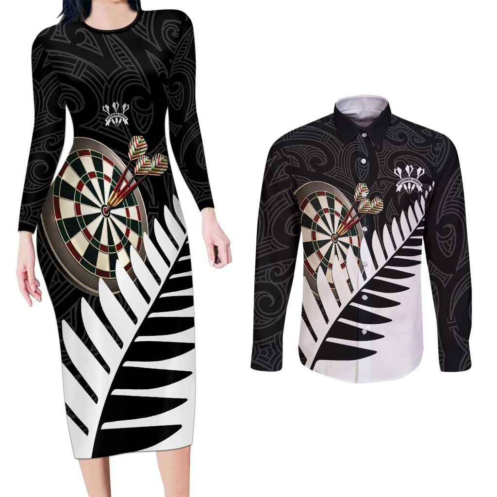 Personalised New Zealand Darts Couples Matching Long Sleeve Bodycon Dress and Long Sleeve Button Shirt Silver Fern Aotearoa Maori Pattern - Polynesian Pride