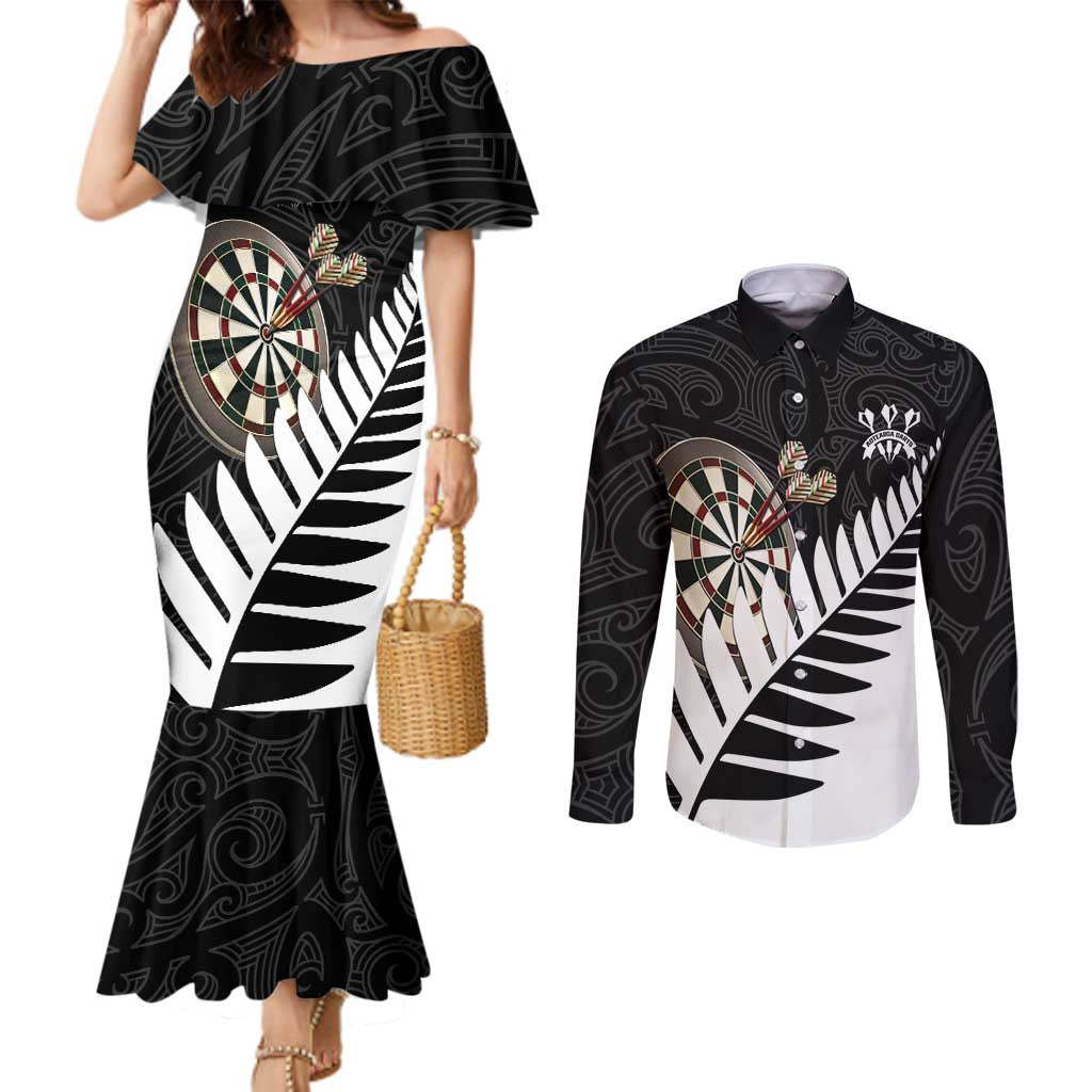 Personalised New Zealand Darts Couples Matching Mermaid Dress and Long Sleeve Button Shirt Silver Fern Aotearoa Maori Pattern - Polynesian Pride
