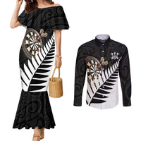 Personalised New Zealand Darts Couples Matching Mermaid Dress and Long Sleeve Button Shirt Silver Fern Aotearoa Maori Pattern - Polynesian Pride