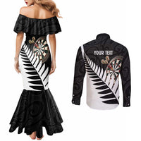 Personalised New Zealand Darts Couples Matching Mermaid Dress and Long Sleeve Button Shirt Silver Fern Aotearoa Maori Pattern - Polynesian Pride