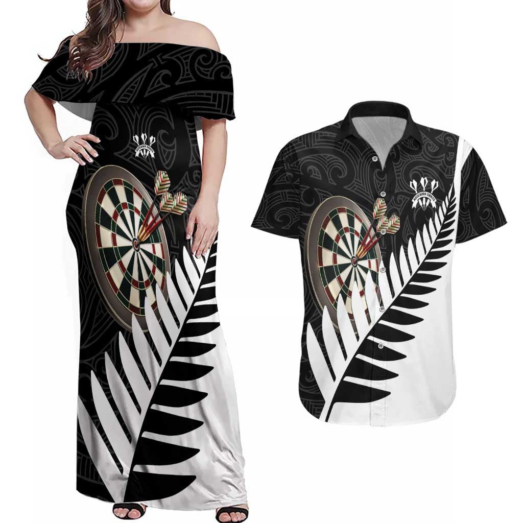 Personalised New Zealand Darts Couples Matching Off Shoulder Maxi Dress and Hawaiian Shirt Silver Fern Aotearoa Maori Pattern - Polynesian Pride
