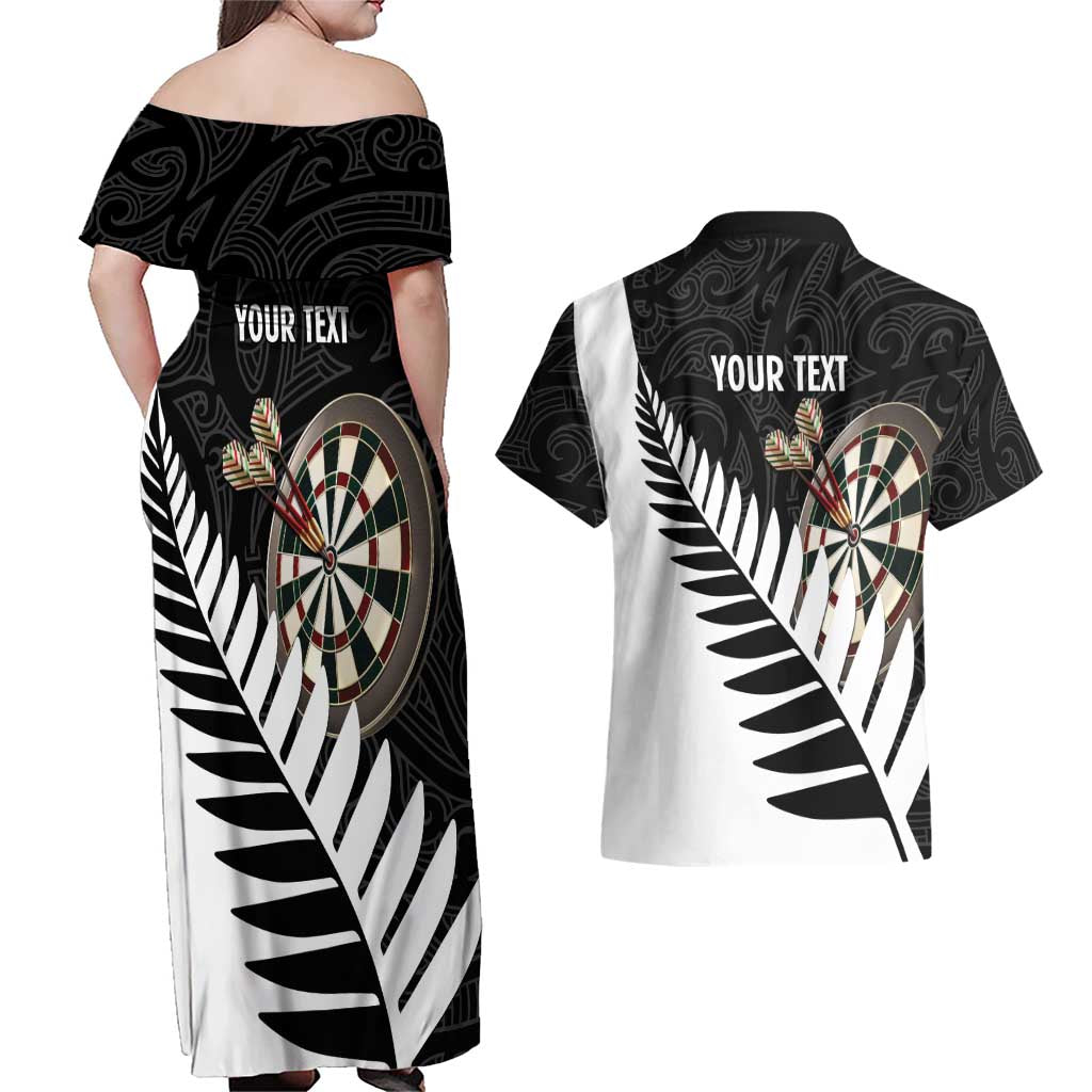 Personalised New Zealand Darts Couples Matching Off Shoulder Maxi Dress and Hawaiian Shirt Silver Fern Aotearoa Maori Pattern - Polynesian Pride