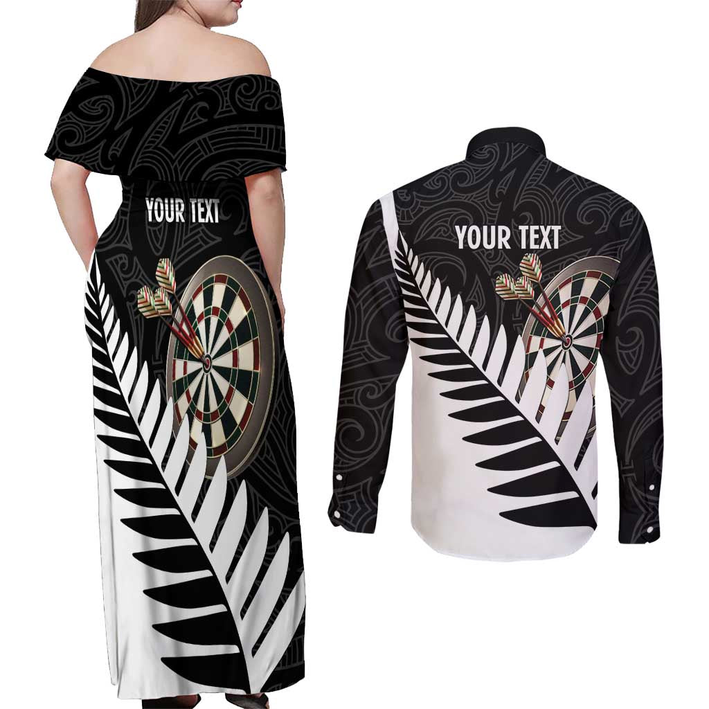 Personalised New Zealand Darts Couples Matching Off Shoulder Maxi Dress and Long Sleeve Button Shirt Silver Fern Aotearoa Maori Pattern - Polynesian Pride