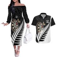 Personalised New Zealand Darts Couples Matching Off The Shoulder Long Sleeve Dress and Hawaiian Shirt Silver Fern Aotearoa Maori Pattern - Polynesian Pride