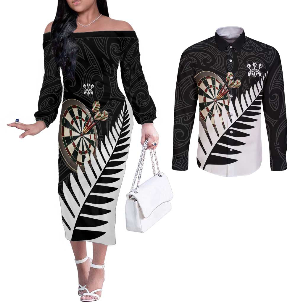 Personalised New Zealand Darts Couples Matching Off The Shoulder Long Sleeve Dress and Long Sleeve Button Shirt Silver Fern Aotearoa Maori Pattern - Polynesian Pride