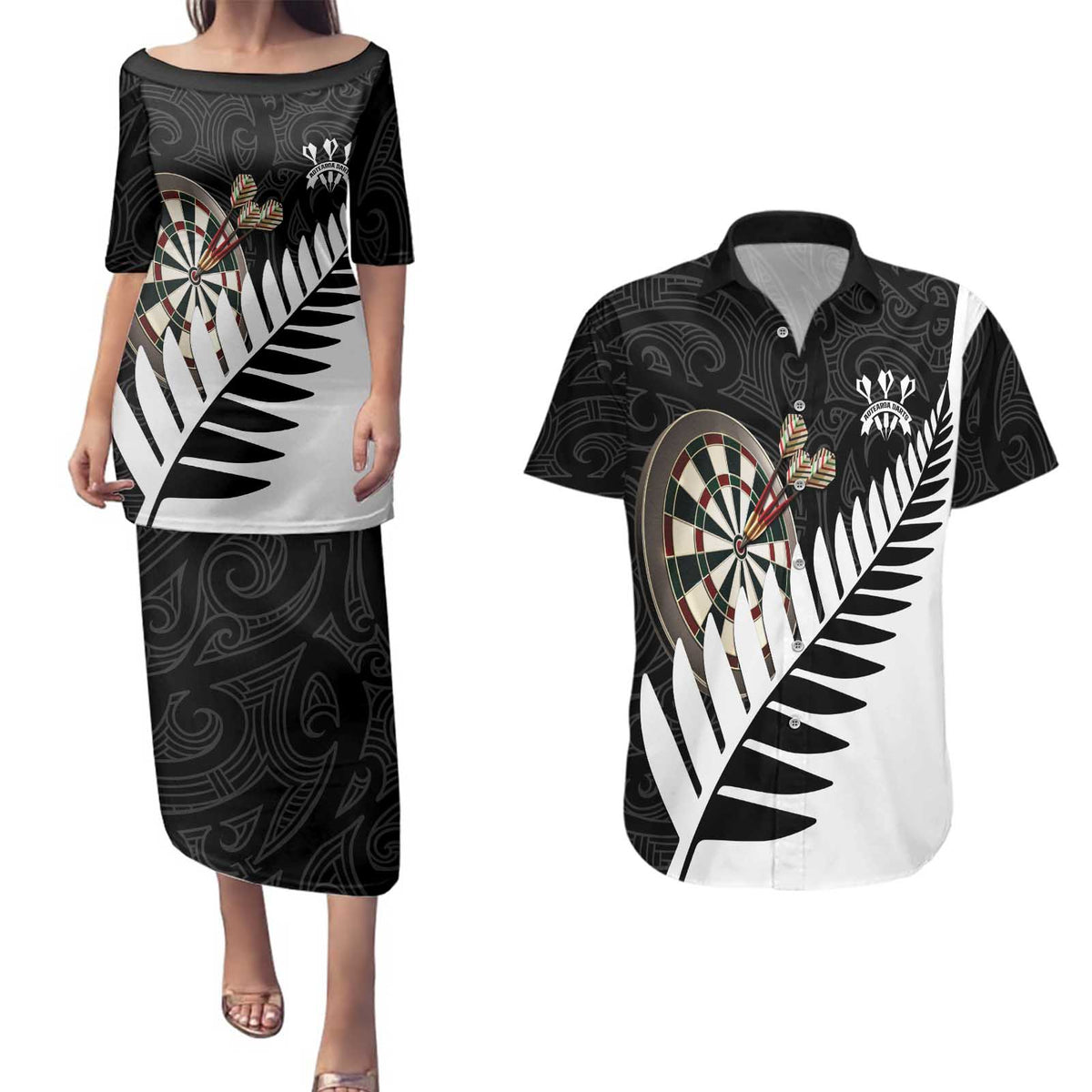 Personalised New Zealand Darts Couples Matching Puletasi and Hawaiian Shirt Silver Fern Aotearoa Maori Pattern - Polynesian Pride