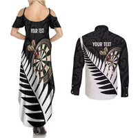 Personalised New Zealand Darts Couples Matching Summer Maxi Dress and Long Sleeve Button Shirt Silver Fern Aotearoa Maori Pattern - Polynesian Pride