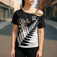 Personalised New Zealand Darts Cross Shoulder Shirt Silver Fern Aotearoa Maori Pattern - Polynesian Pride